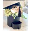 Fekete fiókos ballagási kalapos virágbox ballagási ajándék - zöld