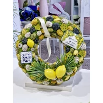 Szalma alap díszítve termésekkel, citromokkal, csempékkel, pálmalevéllel-ajtódíszek-álom kertem