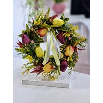 Zöld vessző alap díszítve minőségi, élethű polifoam tulipánokkal, zöldekkel, tavaszi virágokkal-ajtódíszek-álom kertem