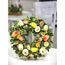 Mű zöld alap díszítve minőségi gumi tulipánokkal, selyemvirágokkal, zöldekkel-ajtódíszek-álom kertem