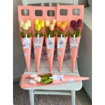 Vastag karton virágtartó díszítve 3 szál minőségi, teljesen élethű gumi tulipánnal-anyák napi ajándékok-álom kertem