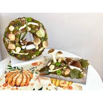 Szalma alap díszítve szőrös rókával, gipsz makkokkal, termésekkel, élethű gombákkal, hozzá illő ajtódísszel-virágdekorációs szettek-álom kertem