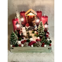 Fa láda díszítve termésekkel, csillogó bogyókkal, világító bejárati ajtóval, kisfiúval, hóemberrel, Mikulásnak írt leveleket átadó gyerekekkel, világító kandeláberekkel-Karácsonyi asztaldíszek, ad
