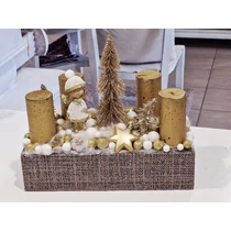 Barnás láda csillogó aranyszállal díszítve arany fenyőfákkal, kerámia angyalkával, csillogó bogyókkal, led világítással-Karácsonyi asztaldíszek, adventi koszorúk-álom kertem