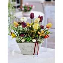 Bádogtál díszítve minőségi tavaszi virágokkal, tulipánokkal, zöldekkel, bordó bársonyszalaggal-asztaldíszek-álom kertem