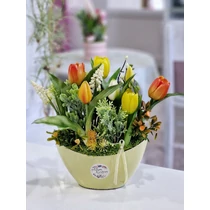 Műanyag citromcsónak díszítve teljesen élethű,  prémium minőségű gumi tulipánokkal, tavaszi virágokkal, zöldekkel-asztaldíszek-álom kertem