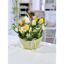 Citromsárga műanyag csónaktál díszítve élethű, minőségi polifoam tulipánokkal, zöldekkel, tavaszi virágokkal-asztaldíszek-álom kertem
