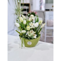 Zöld műanyag csónaktál díszítve élethű, minőségi polifoam tulipánokkal, zöldekkel, tavaszi virágokkal-asztaldíszek-álom kertem
