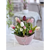 Rózsaszín műanyag csónakkaspó díszítve, élethű, minőségi tulipánokkal, zöldekkel, tavaszi virágokkal-asztaldíszek-álom kertem