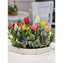 Lapos csónak kerámia kaspó díszítve minőségi, prémium gumi tulipánokkal, tavaszi virágokkal, zöldekkel-asztaldíszek-álom kertem