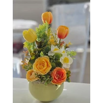 Zöld kerámia kaspó díszítve minőségi gumi tulipánokkal, zöldekkel, selyemvirágokkal-asztaldíszek-álom kertem