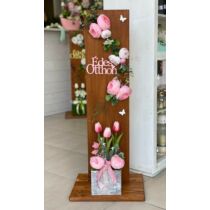 82x30 cm-es fa állvány dió színűre festve, díszítve rózsaszín minőségi selyemvirágokkal, édes otthon felirattal, fa kockával tulipánokkal, zöldekkel-dekorációs állvány-Álom Kertem