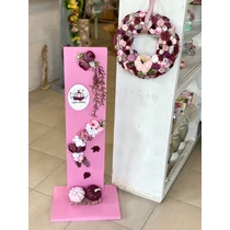 82x33 cm-es fa állvány mályva színűre festve, díszítve Már vártalak tökös táblával, tökökkel, minőségi selyemvirágokkal-dekorációs állvány-Álom Kertem