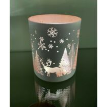 Üveg mécsestartó, kívül fehér, belül rózsaszín színű, téli táj dekorációval-karácsonyi dekoráció-álom kertem
