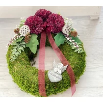 25 cm-es moha alap díszítve minőségi selyemvirágokkal, zöldekkel, terméssel, angyalkás fa táblával-mindenszentek-álom kertem