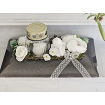 Grafit műanyagtál díszítve angyalkával, mécsessel, minőségi selyemvirágokkal, zöldekkel-mindenszentek-álom kertem