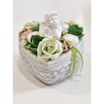 Szív tál díszítve angyalkával, minőségi selyemvirágokkal, zöldekkel, bársonyszalaggal-mindenszentek-álom kertem