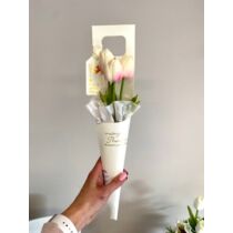 Vastag karton virágtartó díszítve 1 szál minőségi, teljesen élethű gumi tulipánnal-nőnapi ajándék-álom kertem