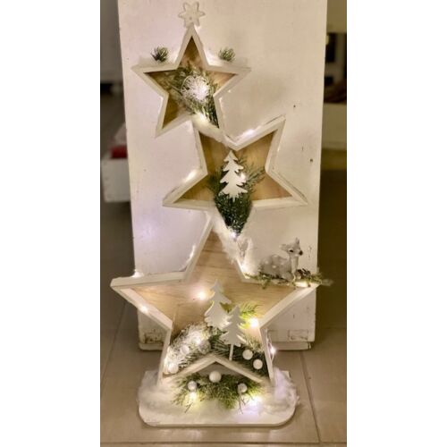 Fa csillagok dekorálva mű fenyőágakkal, állatokkal, led világítással-Karácsonyi asztaldíszek, ad