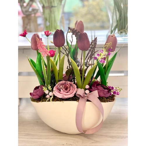 Különleges vanília színű kerámia csónakkaspó díszítve élethű tulipánokkal, tavaszi művirágokkal-asztaldísz-álom kertem