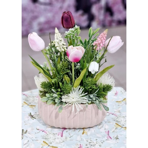 Rózsaszín kerámia kaspó díszítve prémium minőségű polifoam tulipánokkal, zöldekkel, tavaszi virágokkal-asztaldíszek-álom kertem
