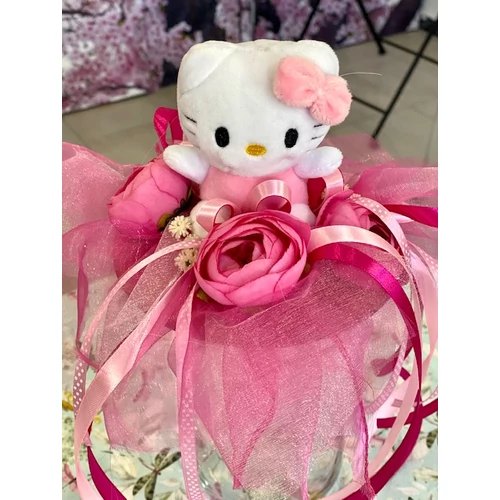 Hello Kitty plüss csokor díszítve minőségi selyemvirágokkal, szalagokkal-ballagási ajándék-álom kertem