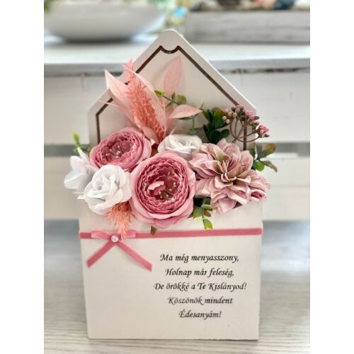 Fehér fa boritékbox díszítve minőségi selyemvirágokkal, idézettel.-szülőköszöntő ajándékok-álom kertem