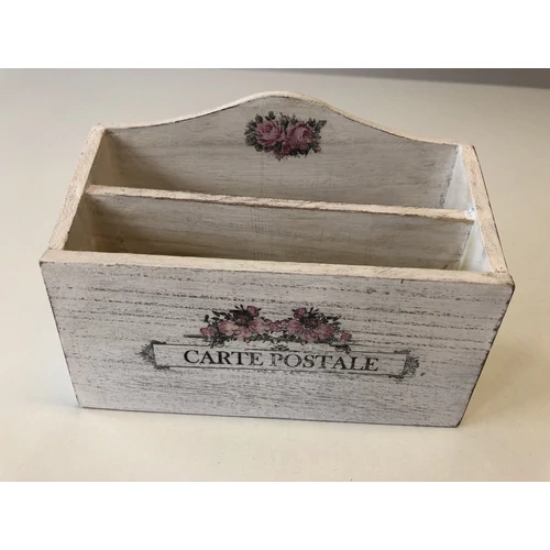 Vintage stílusú csekk és borítéktartó, 12,5x17,5x7,7 cm. Fehér koptatott festéssel, rózsa mintával. Kézzel festett és mintázott.-Ajándéktárgyak-Fa termékek-Álom Kertem