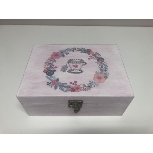 Rózsaszín teásdoboz virág mintával-Ajándéktárgyak-Fa termékek-Álom Kertem
