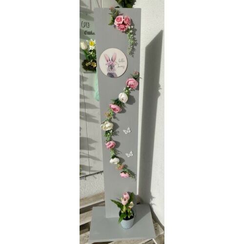 120x25 cm-es fa állvány szürkére festve, minőségi selyemvirágokkal díszítve fehér és rózsaszín színben-dekorációs állvány-Álom Kertem