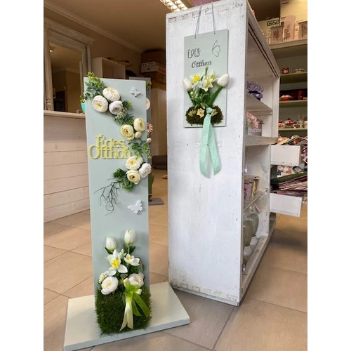80x25 cm-es fa állvány mentazöldre festve, minőségi selyemvirágokkal díszítve fehér és halvány citromsárga színben-dekorációs állvány-Álom Kertem