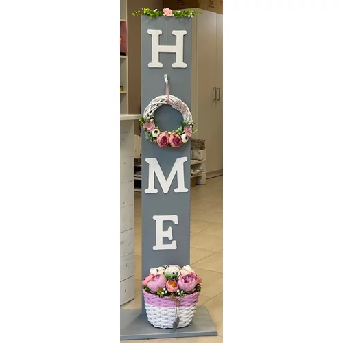 Tömör fából készült hazaváró állvány, HOME felirattal, ajtódísszel, és kosárdísszel. Egyedi színben is kérhető. 120x40x25 cm-dekorációs állvány-Álom Kertem