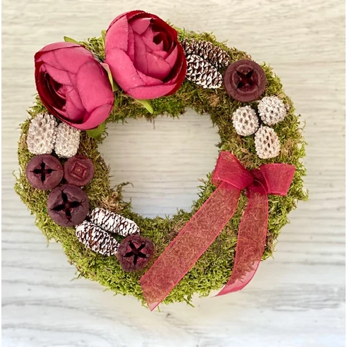 15 cm-es drót nélküli moha alap díszítve bordó minőségi selyemvirágokkal, fehér és bordó termésekkel, bordó organza masnival-Mindenszentek-Álom Kertem