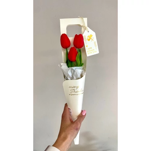 Vastag karton virágtartó díszítve 1 szál minőségi, teljesen élethű gumi tulipánnal-nőnapi ajándék-álom kertem