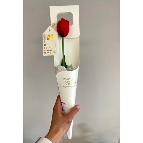 Vastag karton virágtartó díszítve 1 szál prémium minőségű, teljesen élethű gumi tulipánnal-nőnapi ajándék-álom kertem